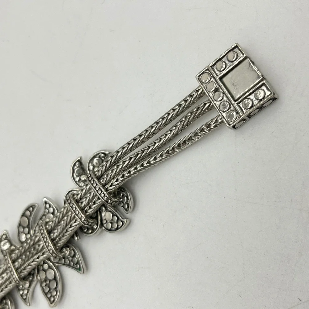 Silver Tone Triple Strand Wheat Chain Floral Dotted Texture Bracelet 7.5in